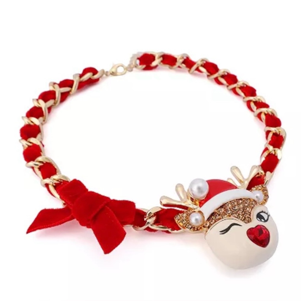 Betsey Johnson Faux Stone Santa Baby Reindeer Bow Pendant Necklace